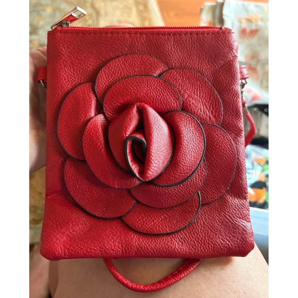 Floral Rose Crossbody Bag Women Small Red Rose 3D Flower Applique